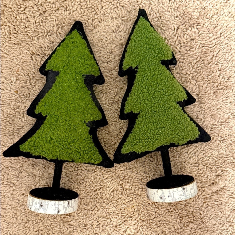 Holiday Time Green and Black plush fabric Christmas Trees Decor set of 2